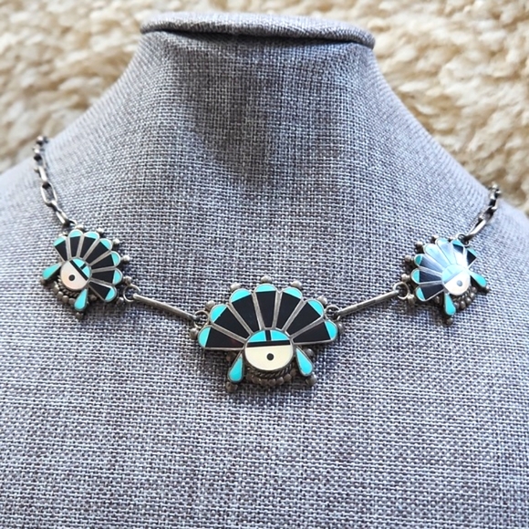Stunning Native American Zuni Inlaid Headdress Vintage Turquoise Necklace 💙🖤🎁 - Picture 12 of 14